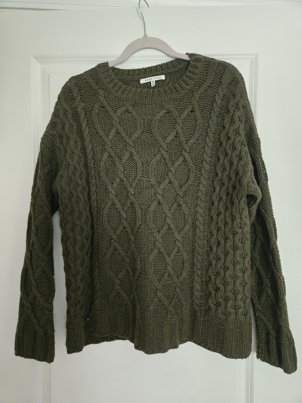 Angelica Olive Green Cable Crewneck Sweater